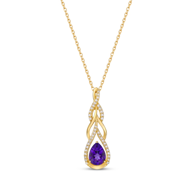 Main Image 1 of Pear-Shaped Amethyst & Round-Cut Diamond Teardrop Twist Necklace 1/5 ct tw 10K Yellow Gold 18”