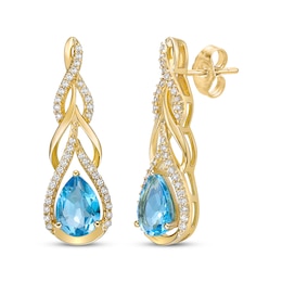 Pear-Shaped Swiss Blue Topaz & Round-Cut Diamond Teardrop Twist Earrings 1/4 ct tw 10K Yellow Gold