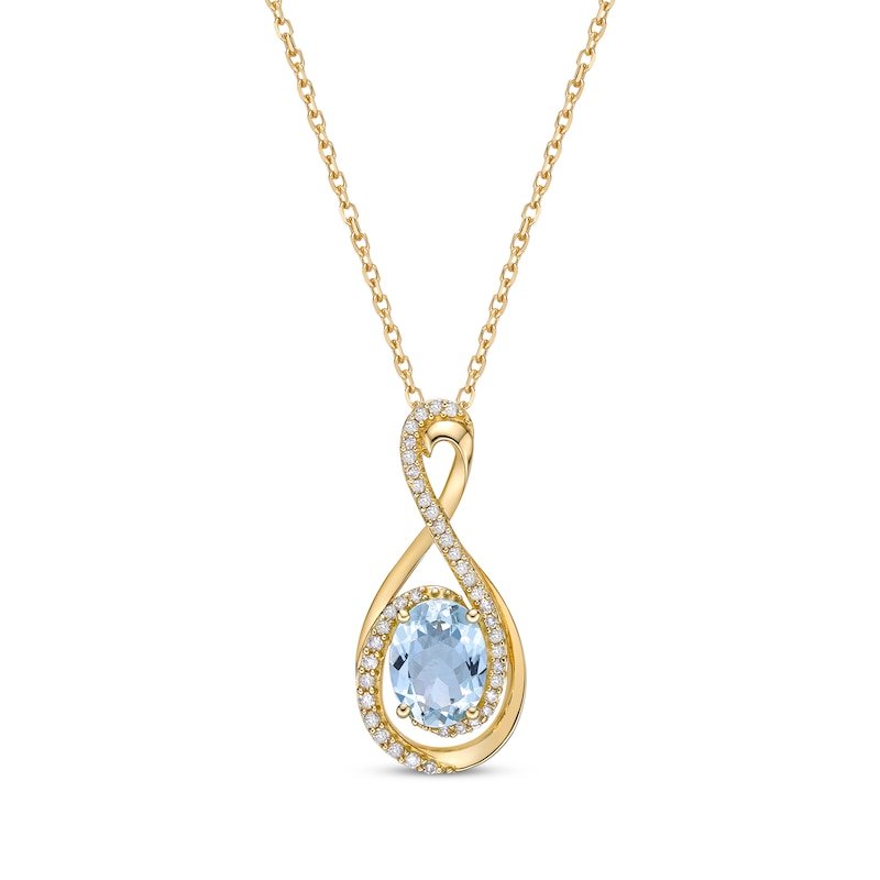 Main Image 1 of Oval-Cut Aquamarine & Round-Cut Diamond Infinity Necklace 1/6 ct tw 10K Yellow Gold 18”