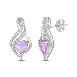 Heart-Shaped Pink Lab-Created Opal & Round-Cut White Lab-Created Sapphire Earrings Sterling Silver