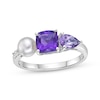 Thumbnail Image 0 of Pear-Shaped Light Amethyst, Cultured Pearl, Cushion-Cut Amethyst & Round-Cut White Lab-Created Sapphire Ring Sterling Silver