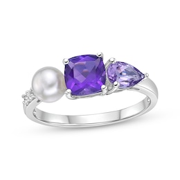 Pear-Shaped Light Amethyst, Cultured Pearl, Cushion-Cut Amethyst & Round-Cut White Lab-Created Sapphire Ring Sterling Silver