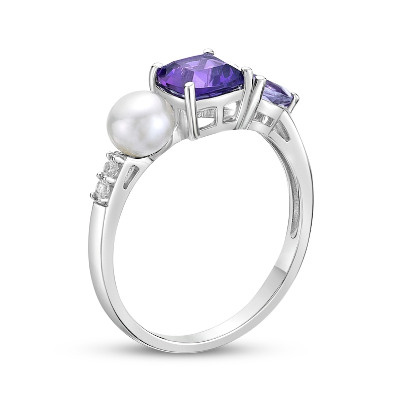 Pear-Shaped Light Amethyst, Cultured Pearl, Cushion-Cut Amethyst & Round-Cut White Lab-Created Sapphire Ring Sterling Silver