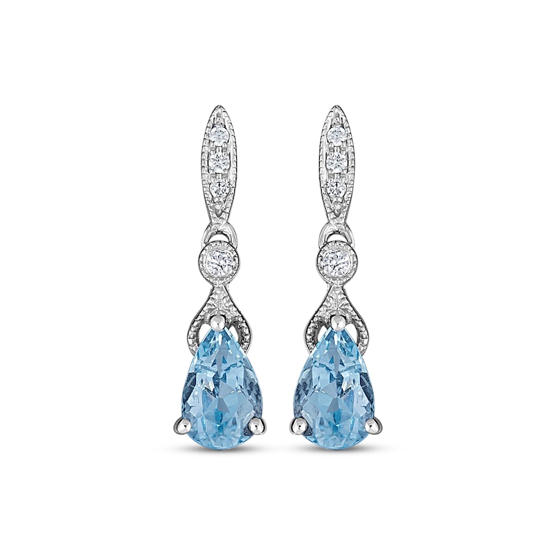 Main Image 2 of Vintage-Style Pear-Shaped Aquamarine & Round-Cut Diamond Drop Earrings 1/20 ct tw 10K White Gold