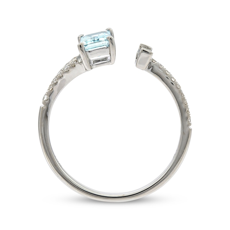 Main Image 2 of Emerald-Cut Aquamarine, Round & Baguette-Cut Diamond Ring 1/6 ct tw 10K White Gold