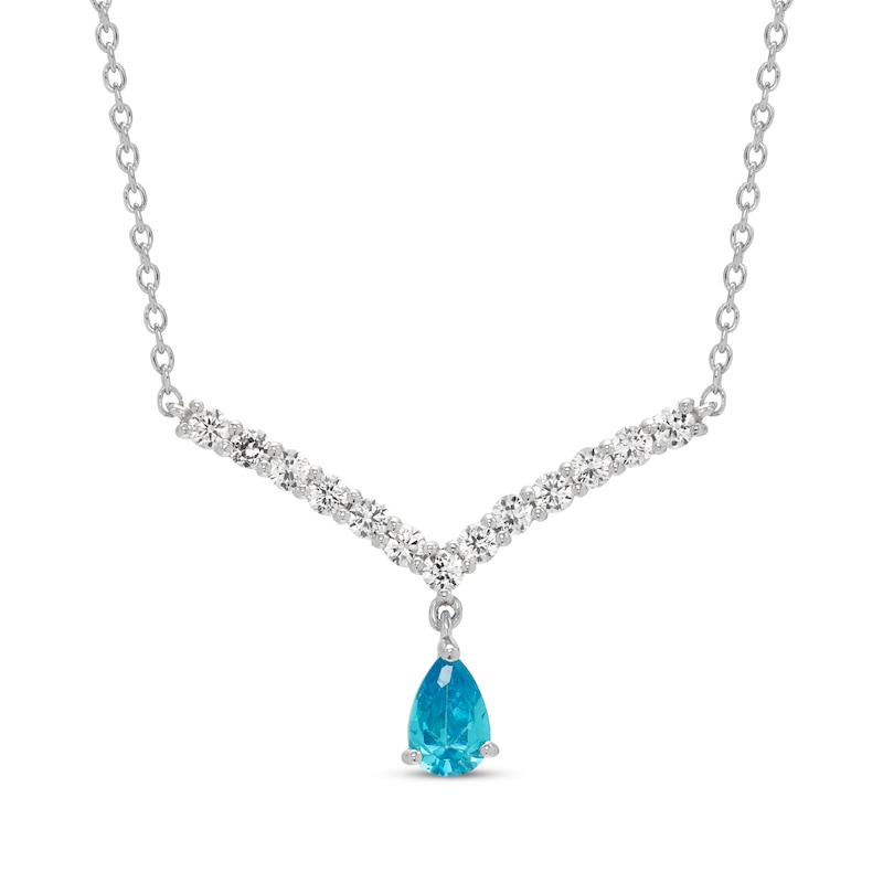 Main Image 1 of Pear-Shaped London Blue Topaz & White Lab-Created Sapphire Chevron Necklace Sterling Silver 18”