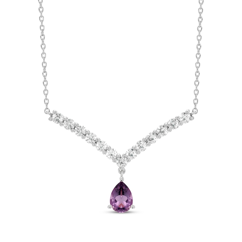 Main Image 1 of Pear-Shaped Amethyst & Round-Cut White Lab-Created Sapphire Chevron Necklace Sterling Silver 18”