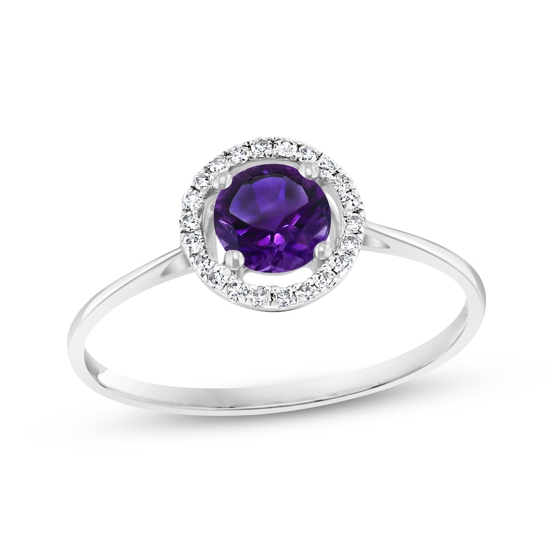 Main Image 1 of Round-Cut Amethyst & Diamond Halo Ring 1/15 ct tw 10K White Gold