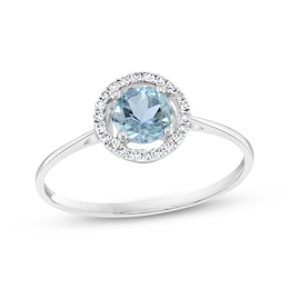 Round-Cut Aquamarine & Diamond Halo Ring 1/15 ct tw 10K White Gold