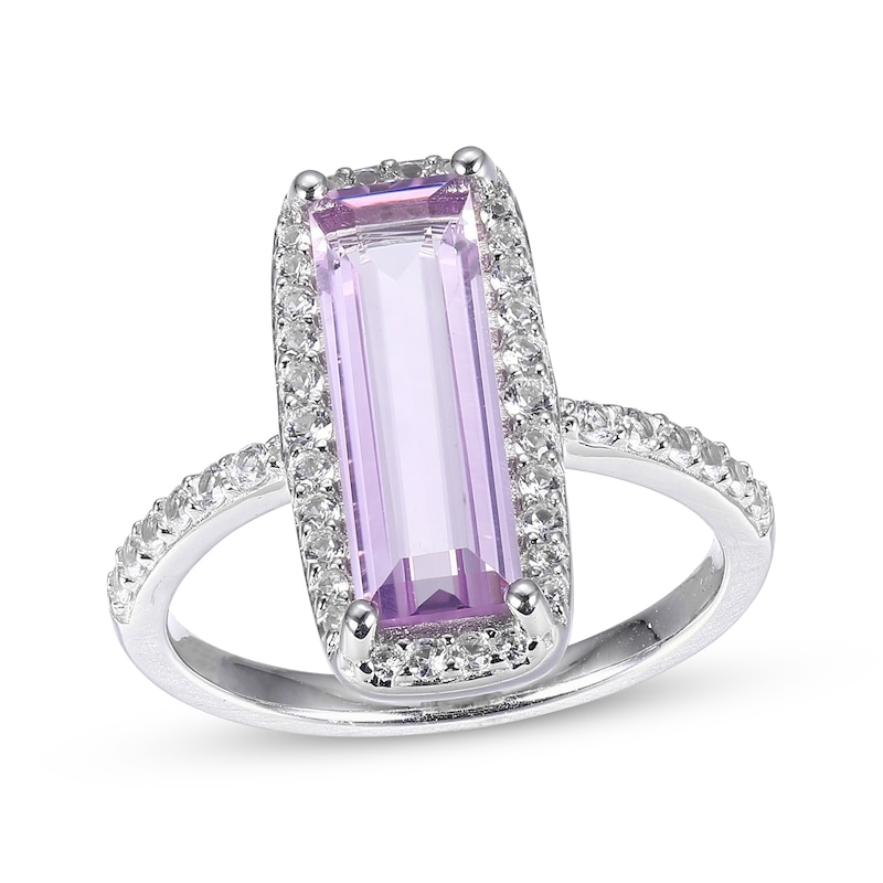 Main Image 1 of Rectangle-Cut Amethyst & Round-Cut White Lab-Created Sapphire Ring Sterling Silver