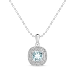 Cushion-Cut Aquamarine & Round-Cut White Lab-Created Sapphire Necklace Sterling Silver 18”