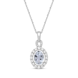 Oval-Cut Aquamarine & Round-Cut White Lab-Created Sapphire Doorknocker Necklace Sterling Silver 18”