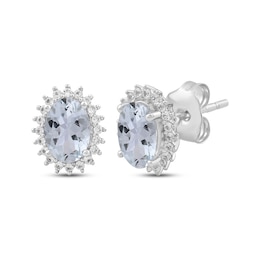 Oval-Cut Aquamarine & Round-Cut White Lab-Created Sapphire Starburst Stud Earrings Sterling Silver