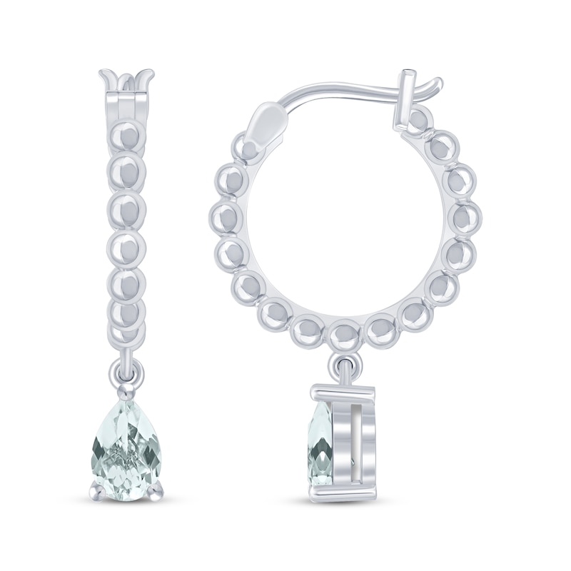 Main Image 1 of Pear-Shaped Aquamarine Beaded Drop Hoop Earrings Sterling Silver