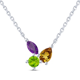 Multi-Shape, Multi-Gemstone Trio Necklace Sterling Silver 18”