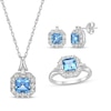 Thumbnail Image 1 of Asscher-Cut Swiss Blue Topaz & Tapered Baguette and Round-Cut White Lab-Created Sapphire Gift Set Sterling Silver