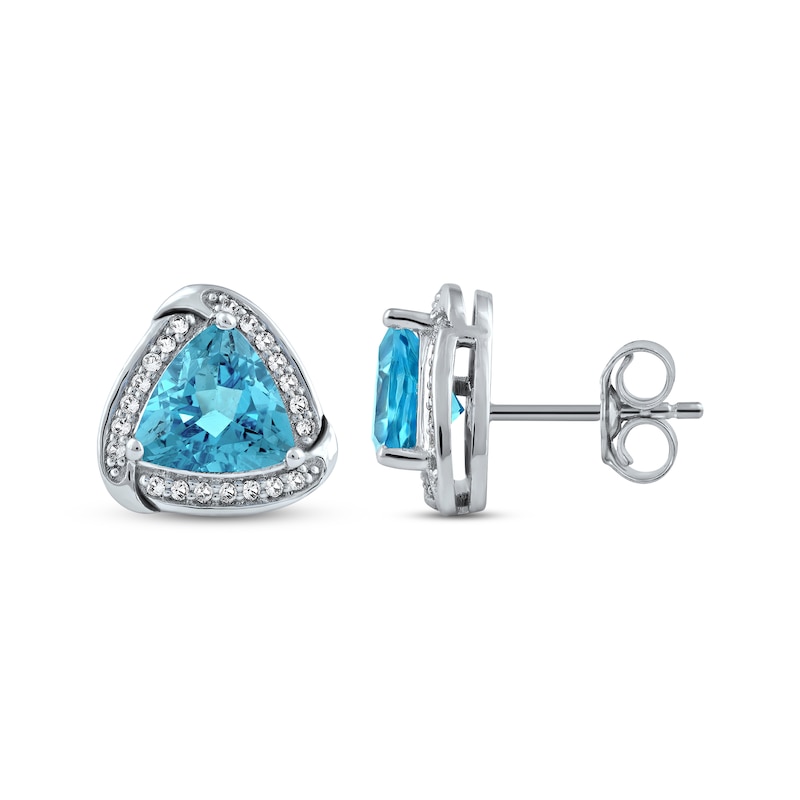 Main Image 3 of Trillion-Cut Swiss Blue Topaz & White Lab-Created Sapphire Stud Earrings Sterling Silver