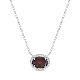 Oval-Cut Garnet & White Lab-Created Sapphire Halo Necklace Sterling Silver 18&quot;