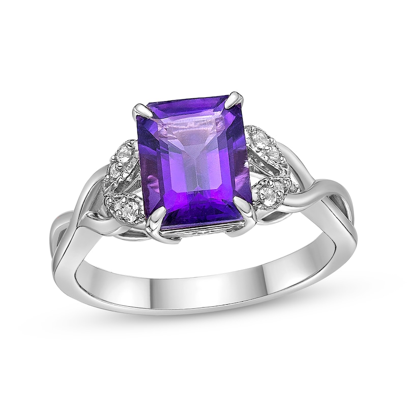 Main Image 1 of Rectangle-Cut Amethyst & White Lab-Created Sapphire Twist Ring Sterling Silver