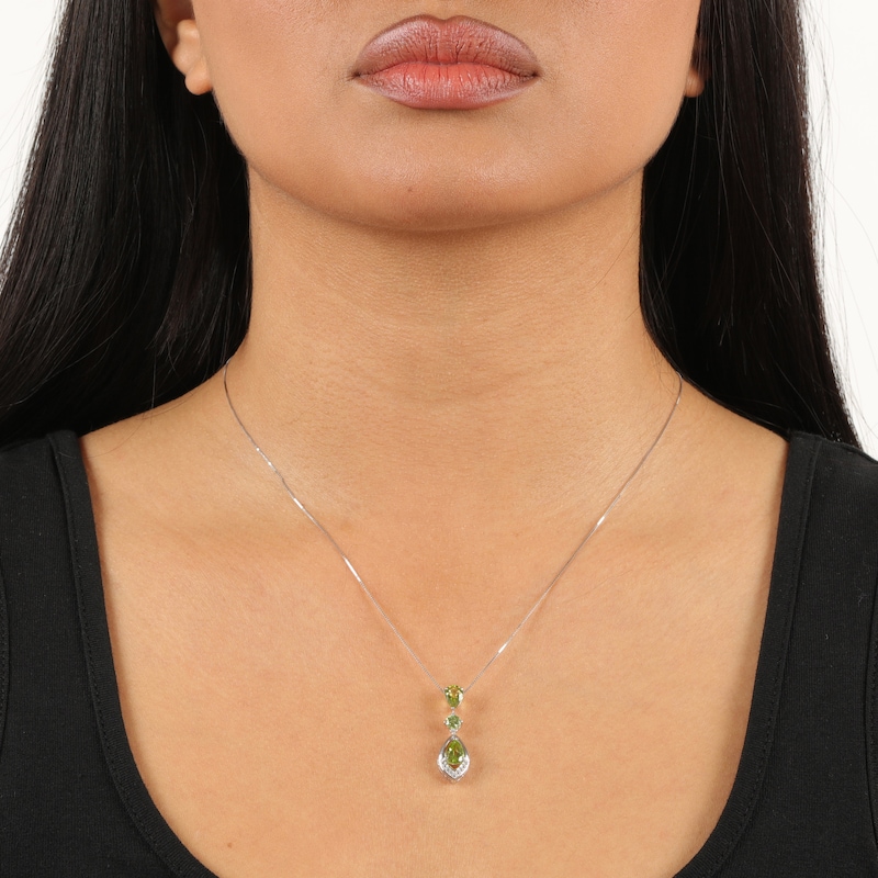 Main Image 4 of Pear-Shaped & Round-Cut Peridot, White Lab-Created Sapphire Drop Necklace Sterling Silver 18&quot;