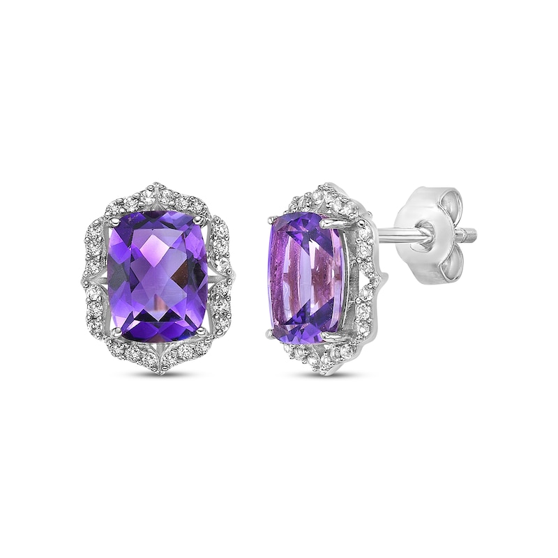 Main Image 1 of Cushion-Cut Amethyst & White Lab-Created Sapphire Arabesque Stud Earrings Sterling Silver