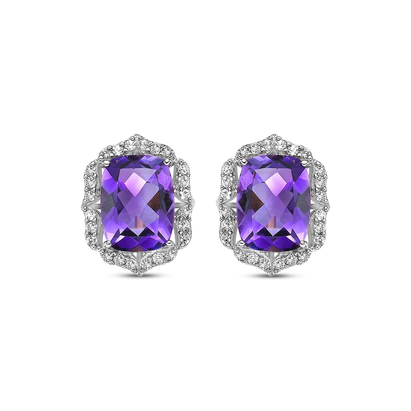 Main Image 2 of Cushion-Cut Amethyst & White Lab-Created Sapphire Arabesque Stud Earrings Sterling Silver