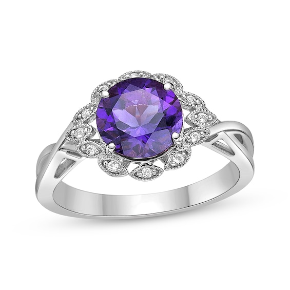 Amethyst & White Lab-Created Sapphire Scalloped Frame Ring Sterling Silver