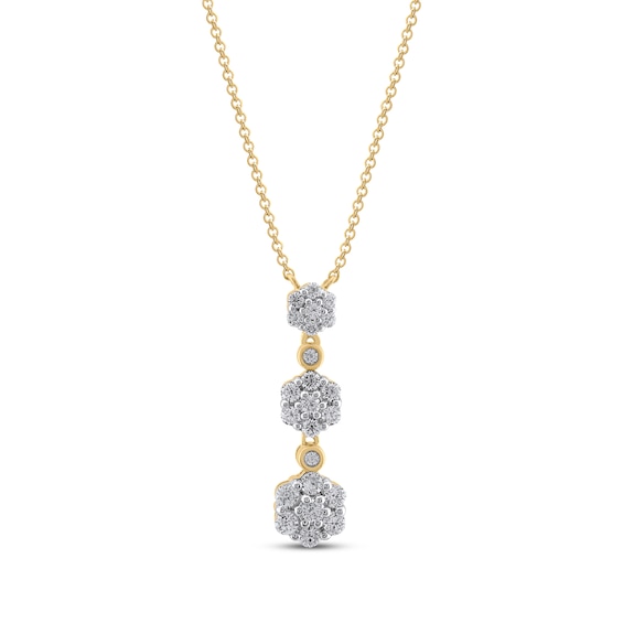 Diamond Flower Graduated Drop Necklace 1/2 ct tw 10K Yellow Gold 18"