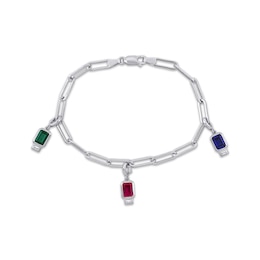 Octagon-Cut Lab-Created Emerald, Lab-Created Ruby, Blue & White Lab-Created Sapphire Bracelet Sterling Silver 7.5&quot;