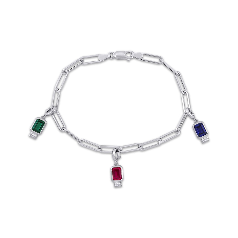 Octagon-Cut Lab-Created Emerald, Lab-Created Ruby, Blue & White Lab-Created Sapphire Bracelet Sterling Silver 7.5"