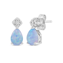 Pear-Shaped Blue Lab-Created Opal & White Lab-Created Sapphire Earrings Sterling Silver