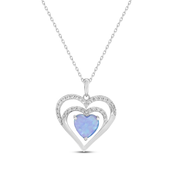 Heart-Shaped Blue Lab-Created Opal & White Lab-Created Sapphire Necklace Sterling Silver 18"