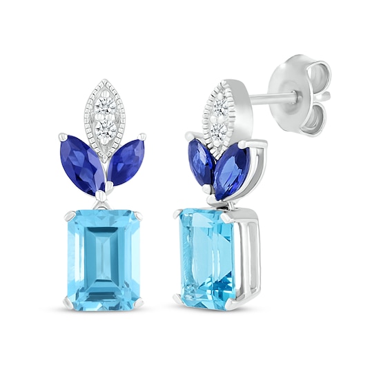 Multi-Shape Swiss Blue Topaz, Blue & White Lab-Created Sapphire Drop Earrings Sterling Silver