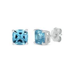 Cushion-Cut London Blue Topaz Solitaire Stud Earrings 10K White Gold