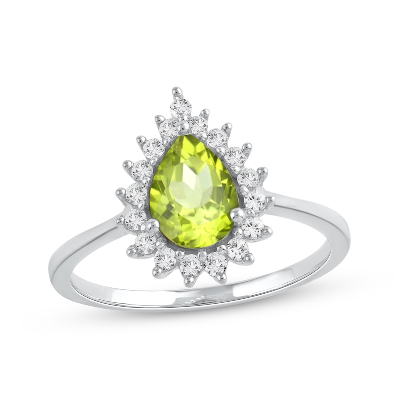 Main Image 1 of Pear-Shaped Peridot & White Lab-Created Sapphire Ring Sterling Silver