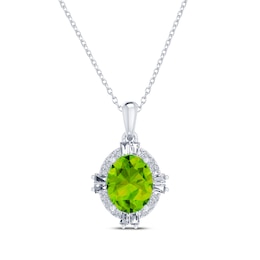 Oval-Cut Peridot & White Lab-Created Sapphire Halo Necklace Sterling Silver 18&quot;