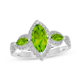 Marquise-Cut Peridot & White Lab-Created Sapphire Three-Stone Ring Sterling Silver