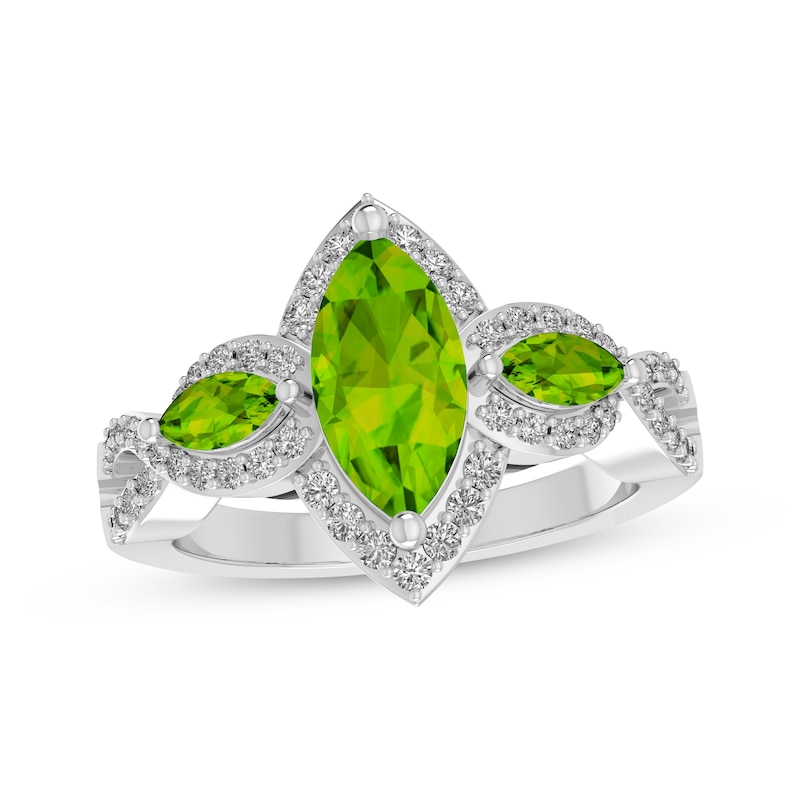 Main Image 1 of Marquise-Cut Peridot & White Lab-Created Sapphire Three-Stone Ring Sterling Silver