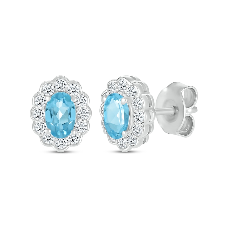 Main Image 1 of Oval-Cut Swiss Blue Topaz & White Lab-Created Sapphire Scallop Halo Earrings Sterling Silver