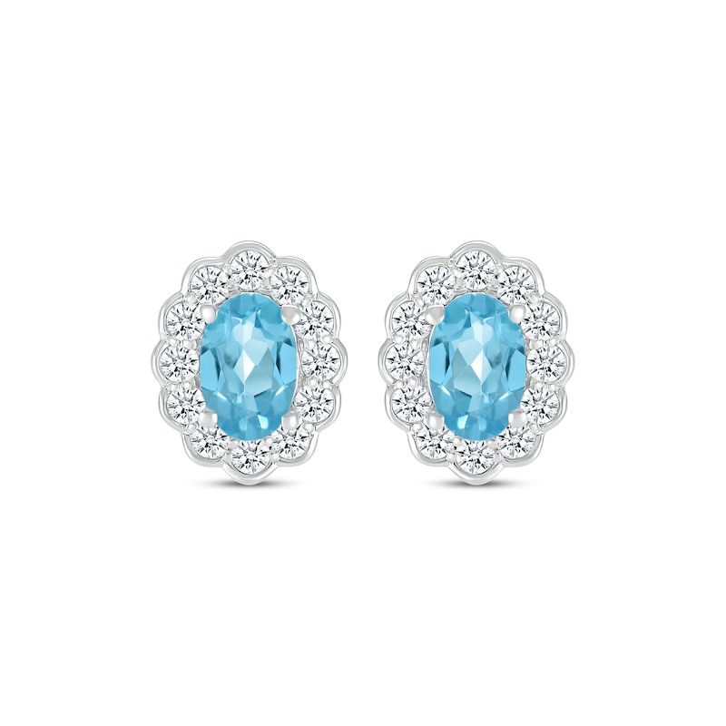 Main Image 2 of Oval-Cut Swiss Blue Topaz & White Lab-Created Sapphire Scallop Halo Earrings Sterling Silver