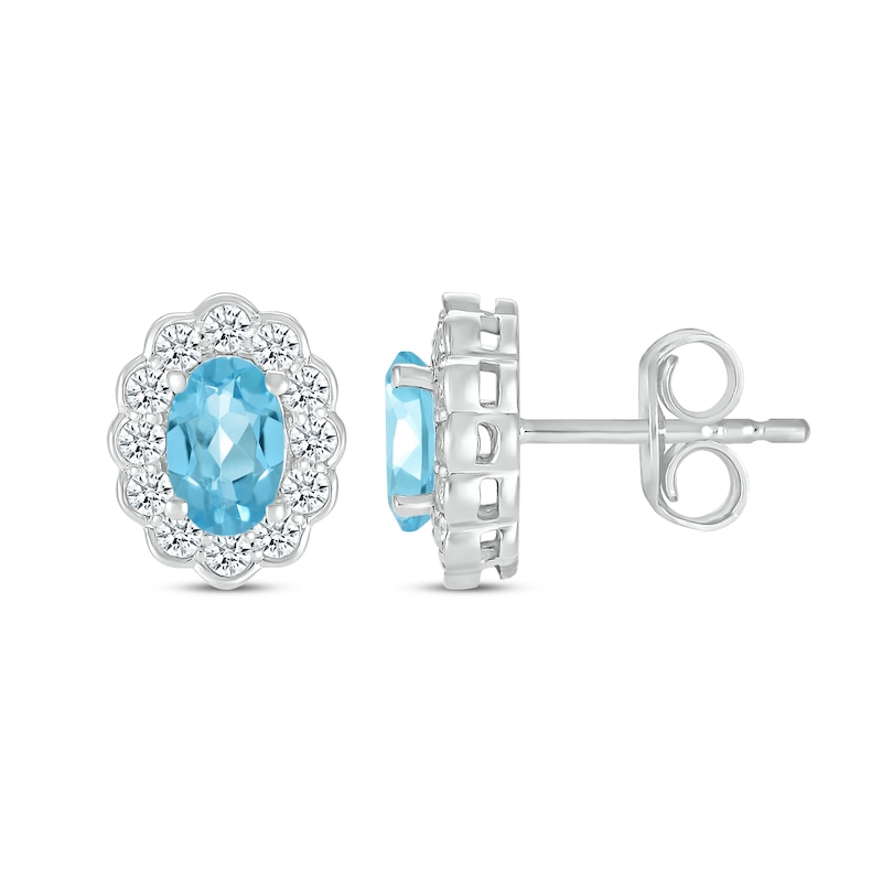 Main Image 3 of Oval-Cut Swiss Blue Topaz & White Lab-Created Sapphire Scallop Halo Earrings Sterling Silver