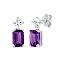 Emerald-Cut Amethyst & White Lab-Created Sapphire Drop Earrings 10K White Gold