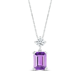 Emerald-Cut Amethyst & Round-Cut White Lab-Created Sapphire Necklace 10K White Gold 18&quot;