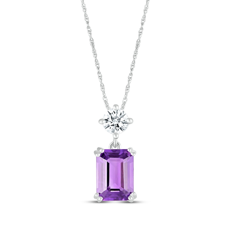 Main Image 1 of Emerald-Cut Amethyst & Round-Cut White Lab-Created Sapphire Necklace 10K White Gold 18&quot;