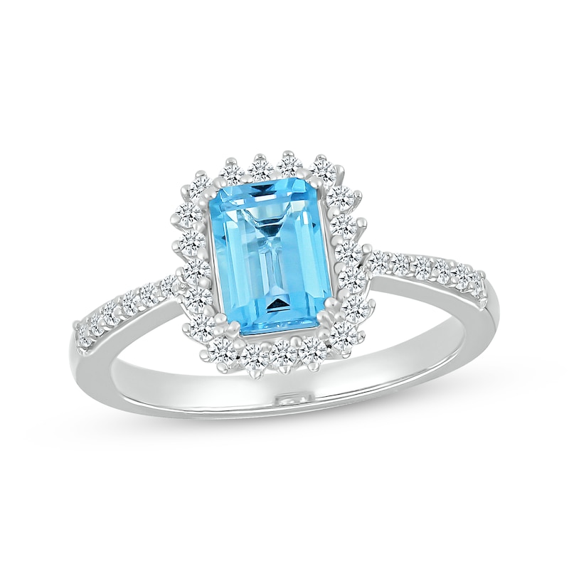 Main Image 1 of Emerald-Cut Swiss Blue Topaz & White Lab-Created Sapphire Ring Sterling Silver