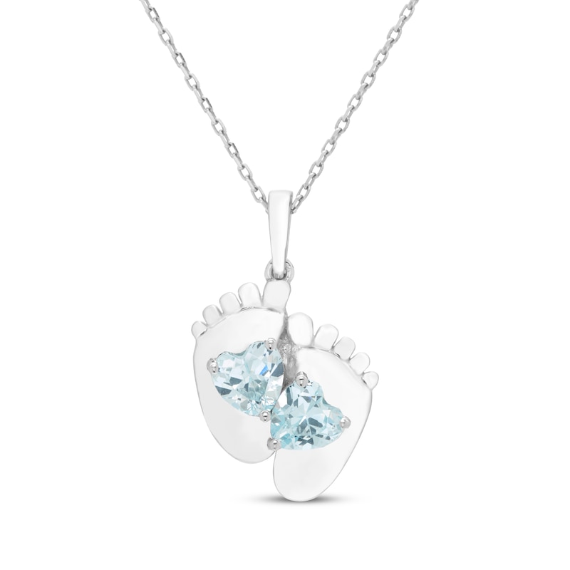 Heart-Shaped Aquamarine Baby Feet Necklace Sterling Silver 18"