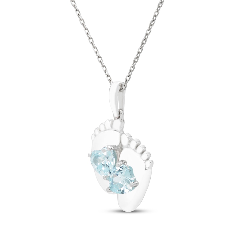 Heart-Shaped Aquamarine Baby Feet Necklace Sterling Silver 18"