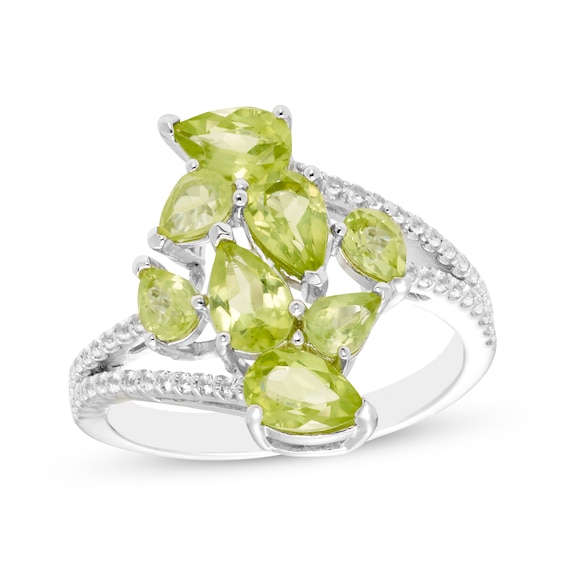 Pear-Shaped Peridot & White Lab-Created Sapphire Cluster Ring Sterling Silver