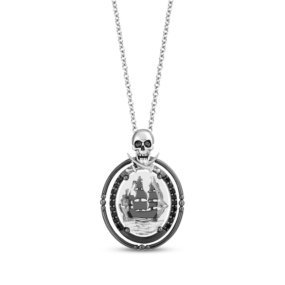 Disney Treasures Pirates of the Caribbean Black Diamond Oval Ship Necklace 1/6 ct tw Sterling Silver 19"