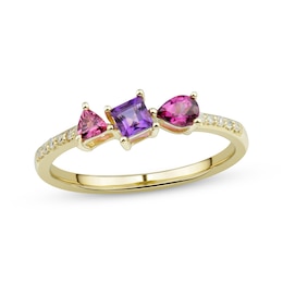 Multi-Shape Rhodolite Garnet, Amethyst, Pink Tourmaline & Diamond Ring 1/20 ct tw 10K Yellow Gold